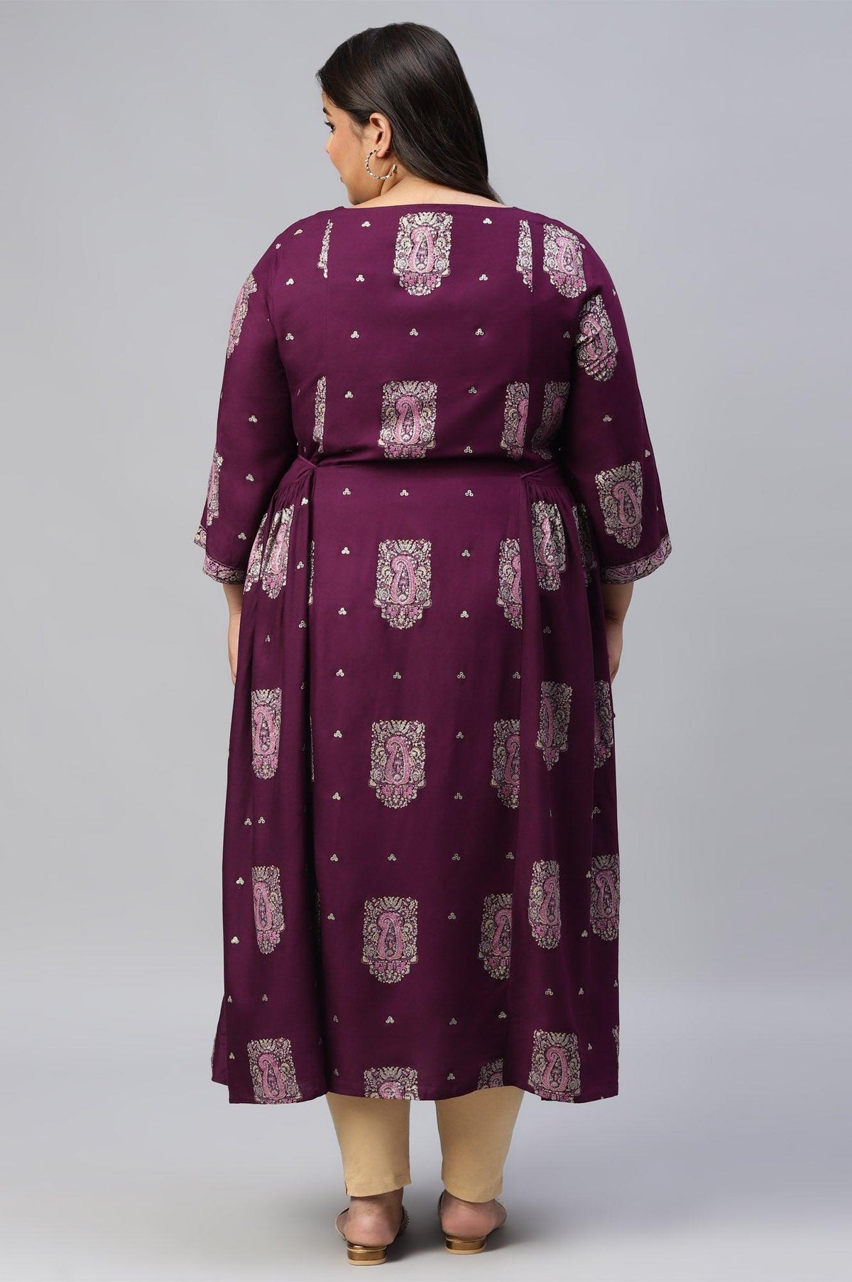 Plus Size Purple Paisley Print kurta With Sequin Highlighting