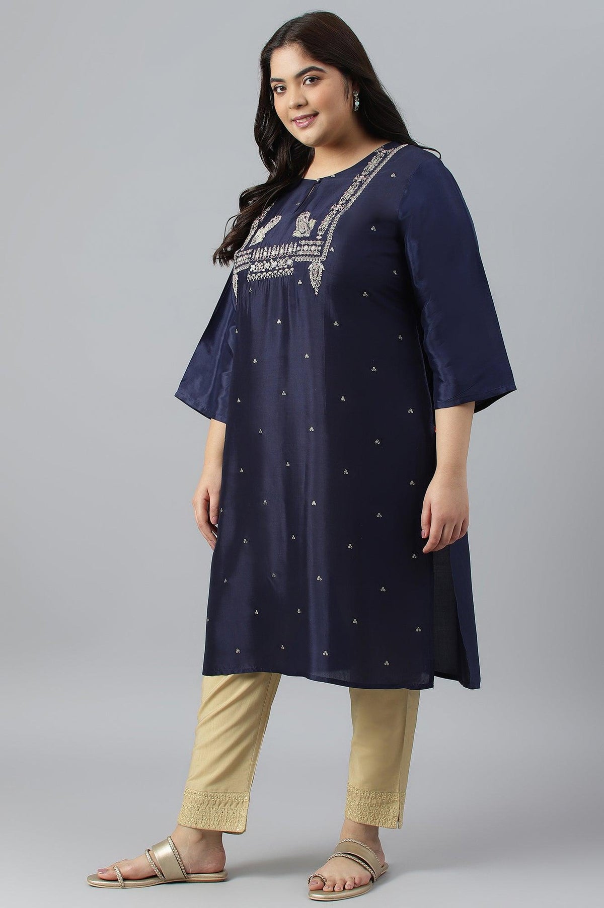 Blue Shatung Festive Plus Size kurta With Embroidery