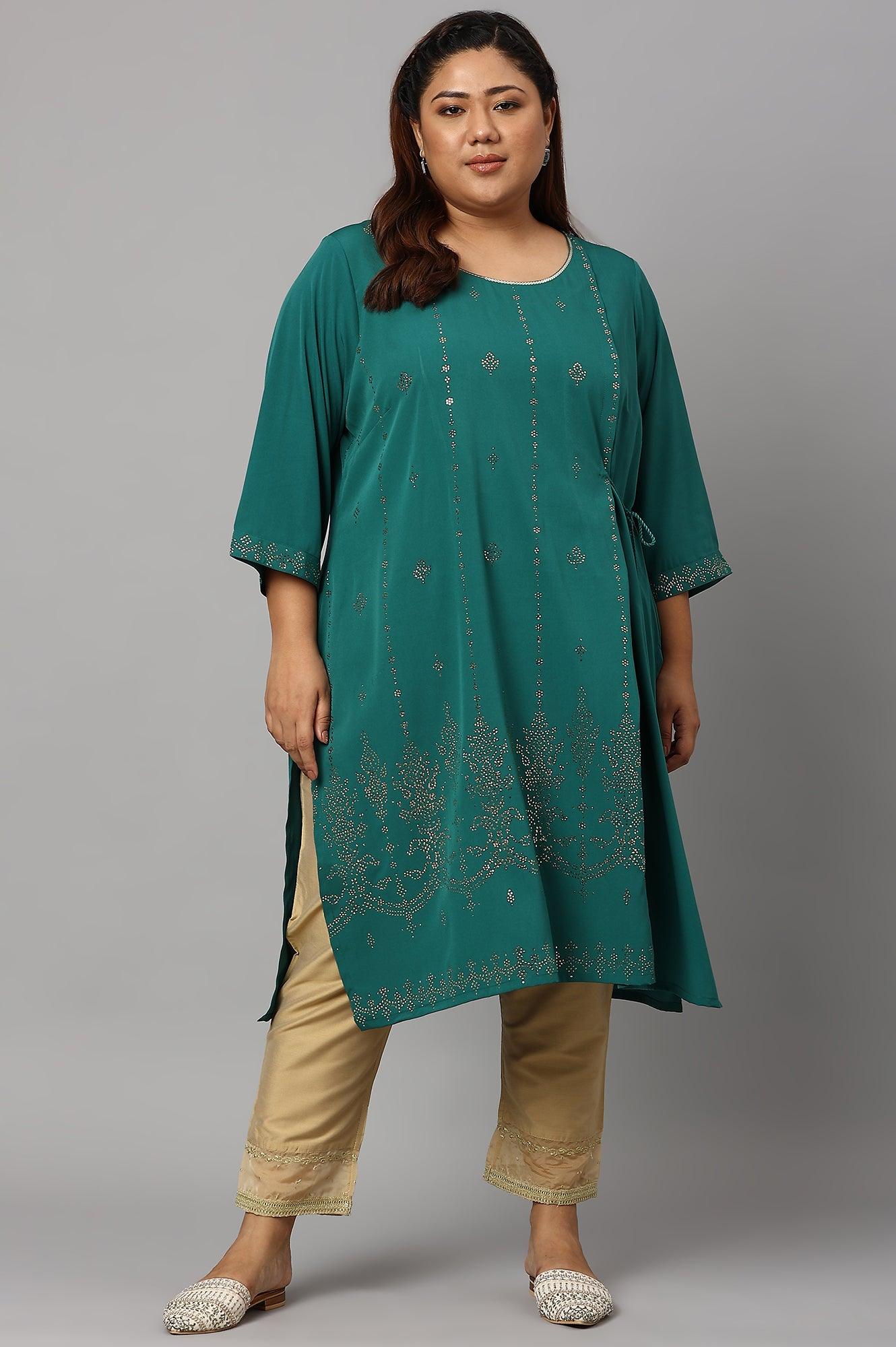 Green Mukaish Printed Layered Plus Size kurta