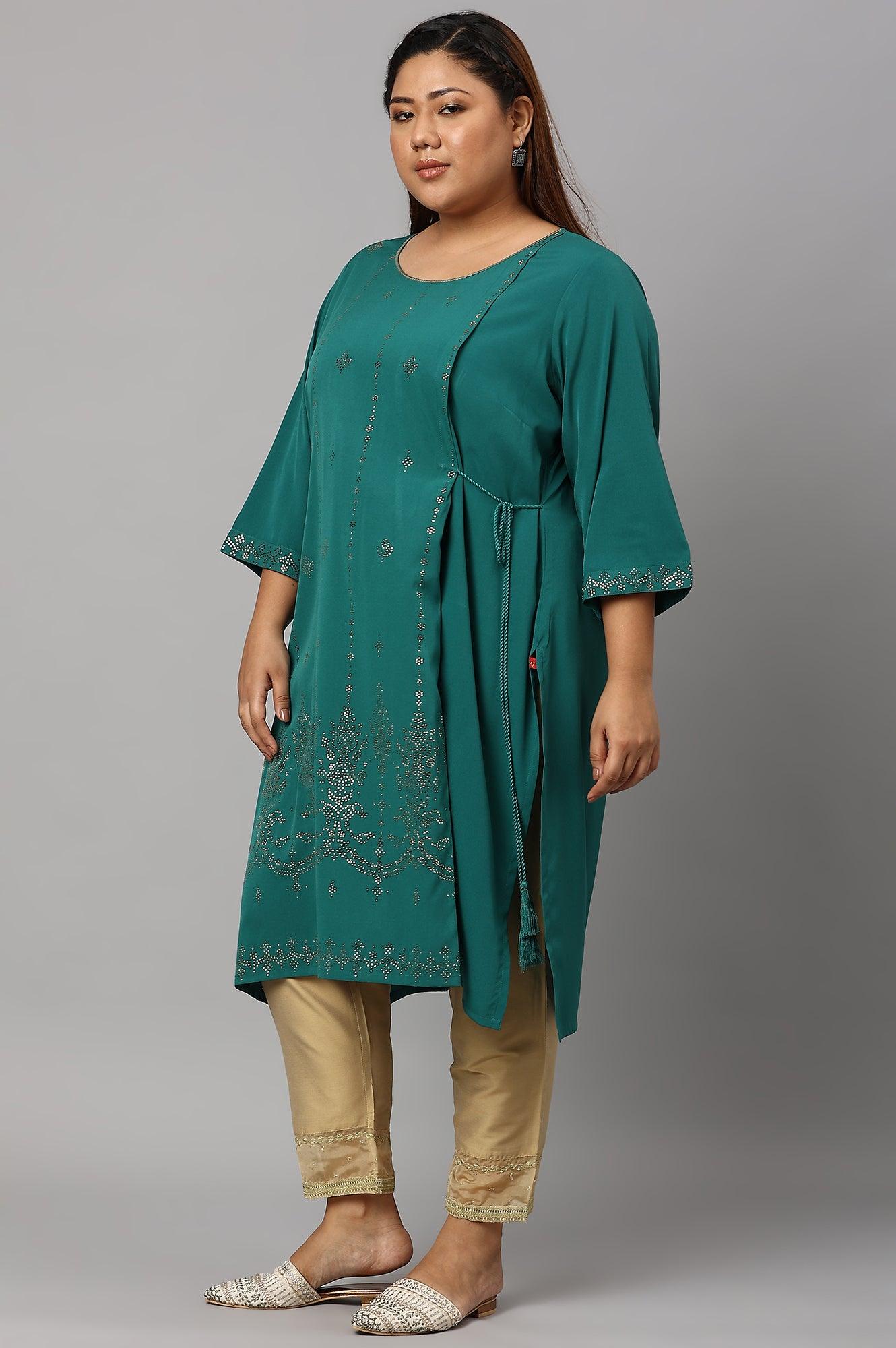 Green Mukaish Printed Layered Plus Size kurta