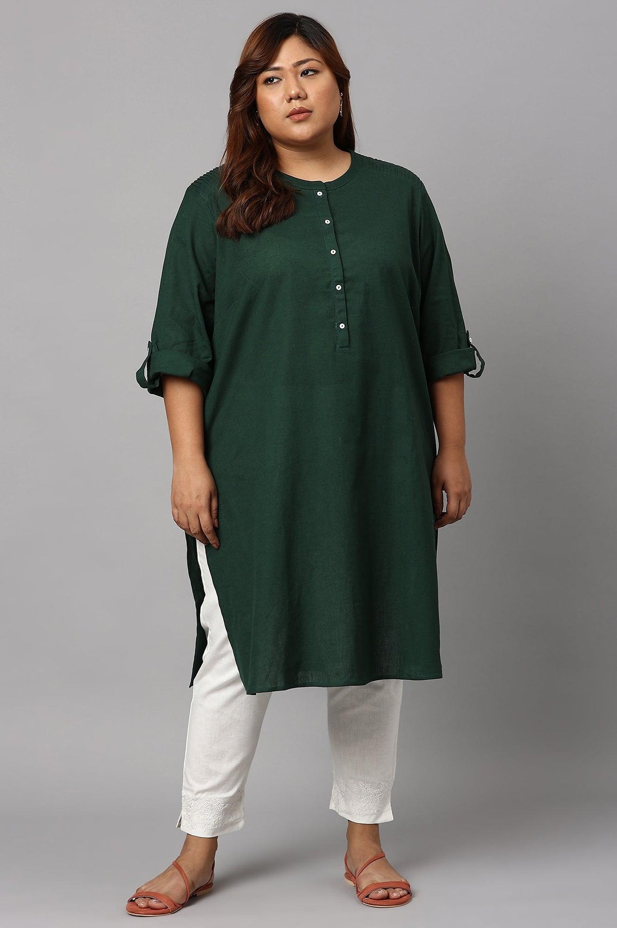 Dark Green Half Placket Plus Size Shirt kurta
