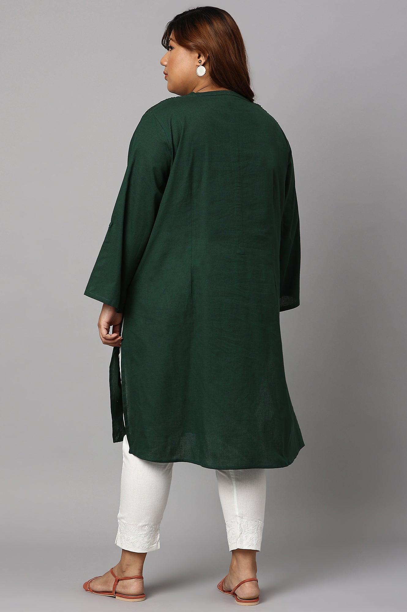 Dark Green Half Placket Plus Size Shirt kurta
