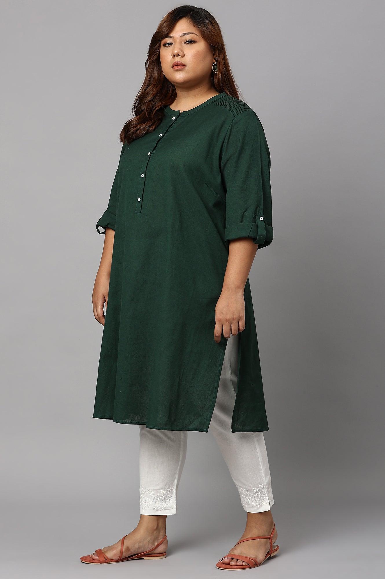 Dark Green Half Placket Plus Size Shirt kurta