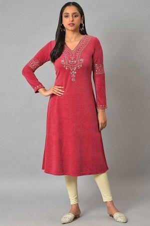 Red Embroidered With Beads Winter Festive kurta