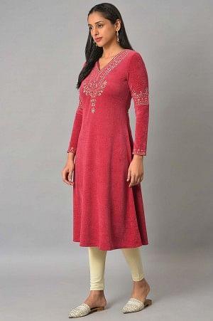 Red Embroidered With Beads Winter Festive kurta