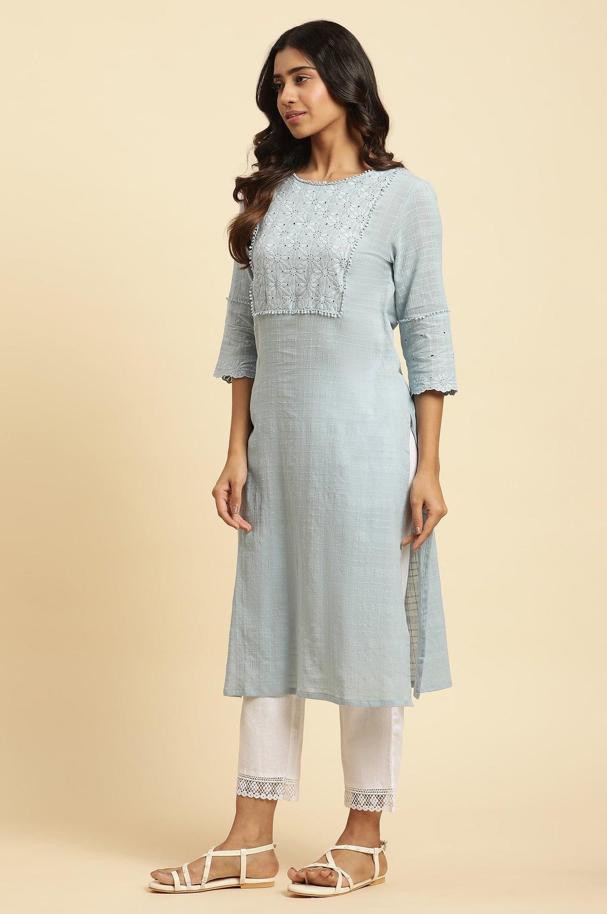 Blue Cotton Texture Schiffli Kurta