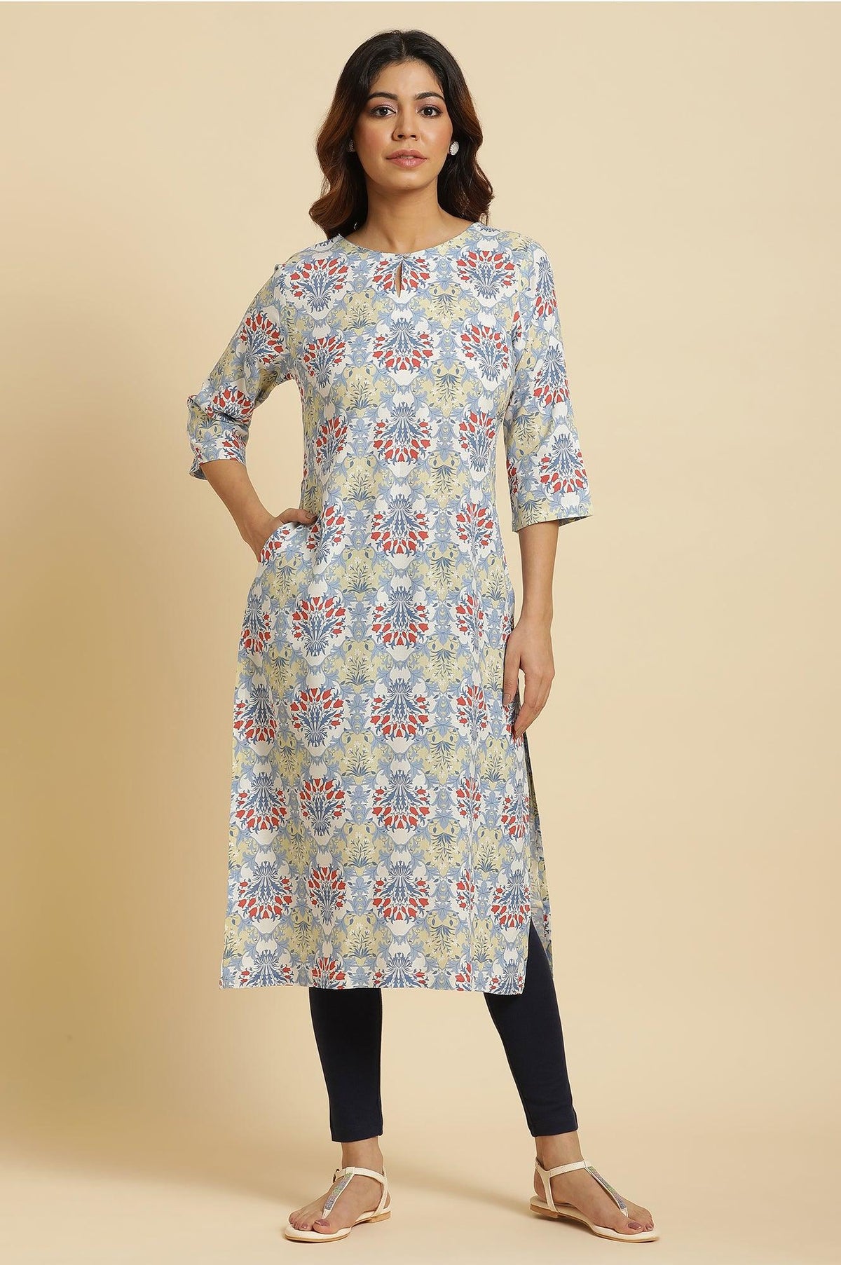 Light Blue Print Mix Rayon Kurta