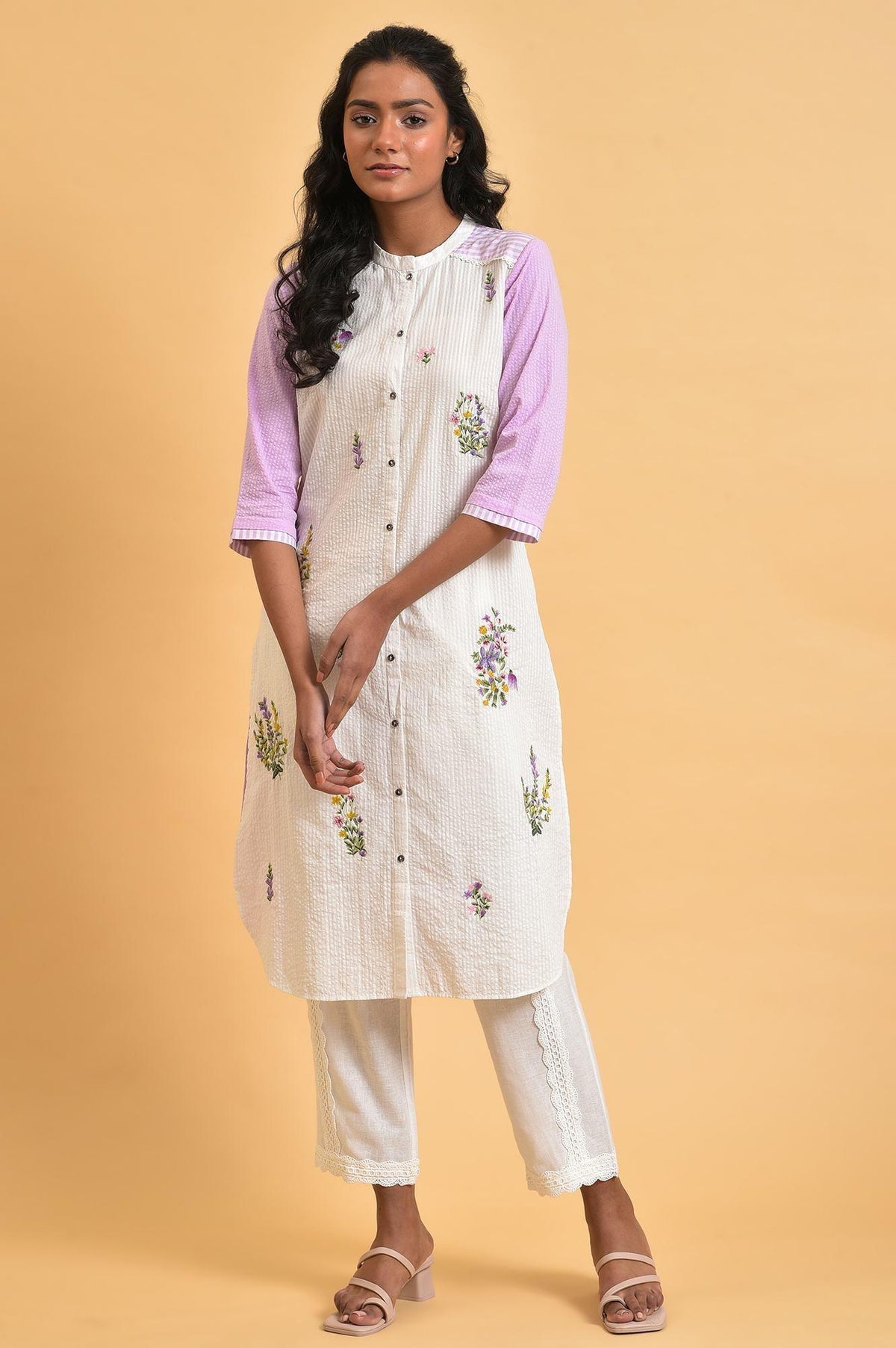 White and Light Purple Textured Cotton Embroidered Summer Kurta