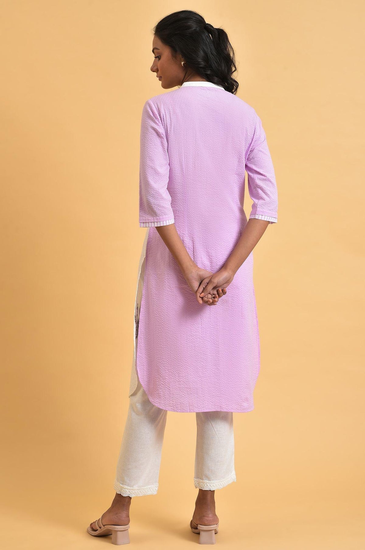 White and Light Purple Textured Cotton Embroidered Summer Kurta