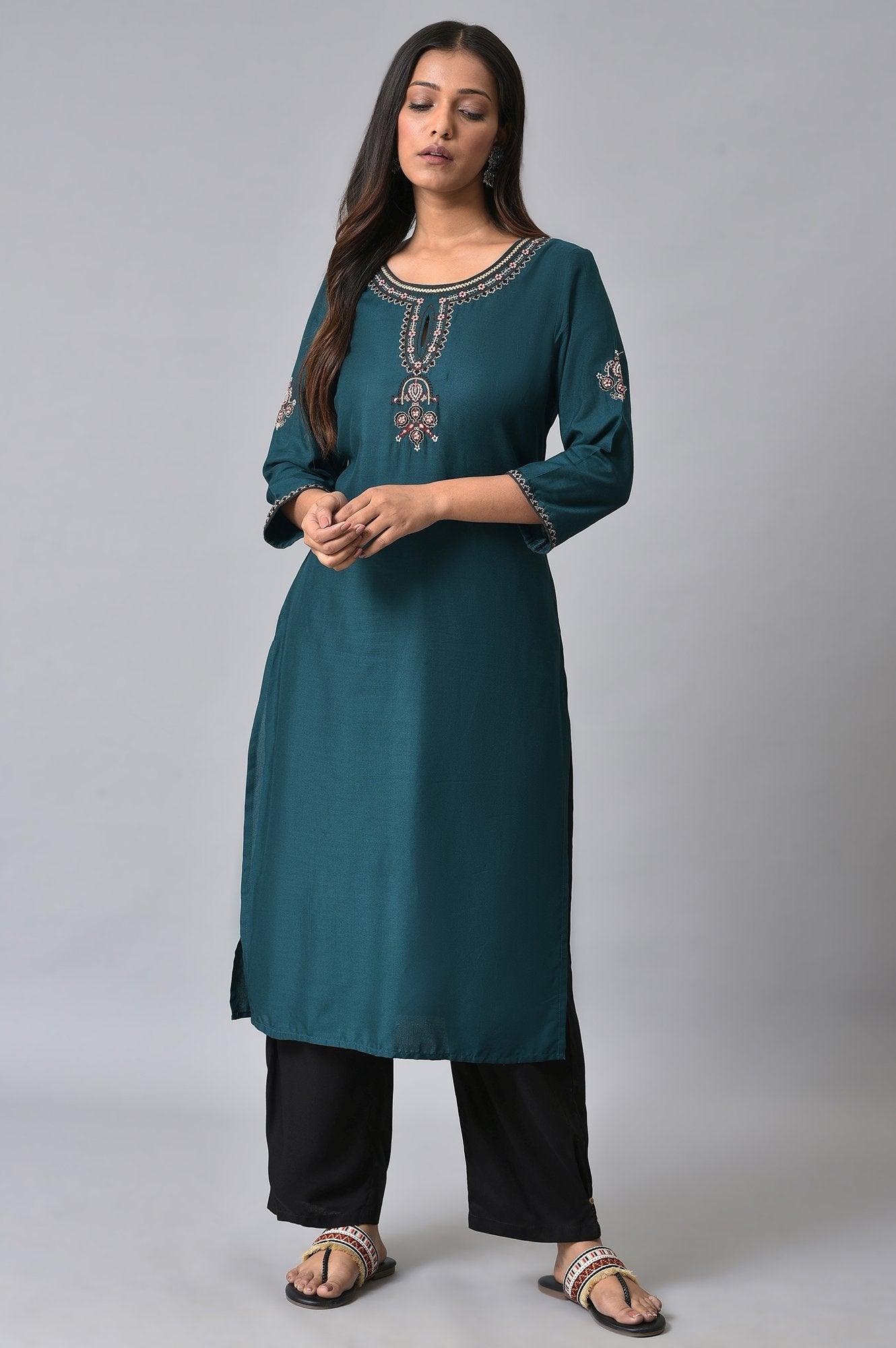 Teal Embroidered Plus Size Round Neck kurta