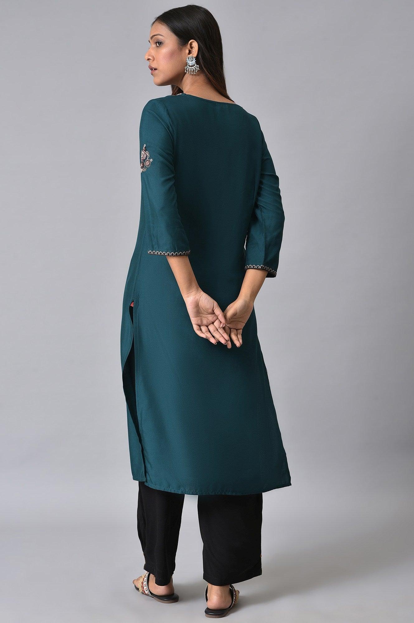Teal Embroidered Plus Size Round Neck kurta