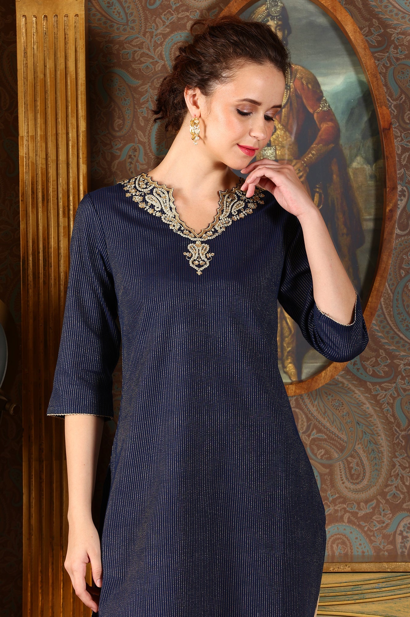 Blue Striped Yarn-Dyed Embroidered Straight Cotton Kurta