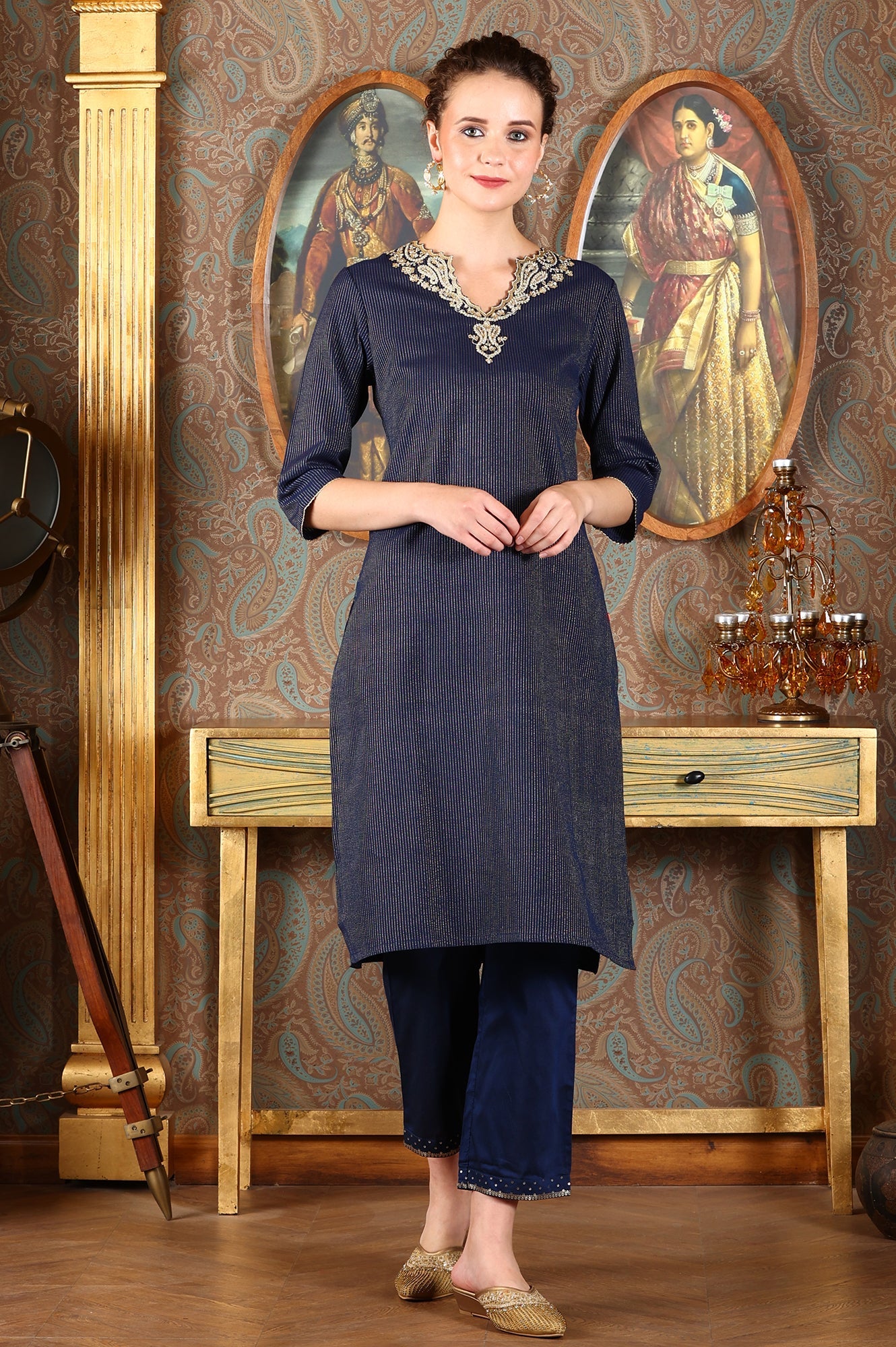 Blue Striped Yarn-Dyed Embroidered Straight Cotton Kurta