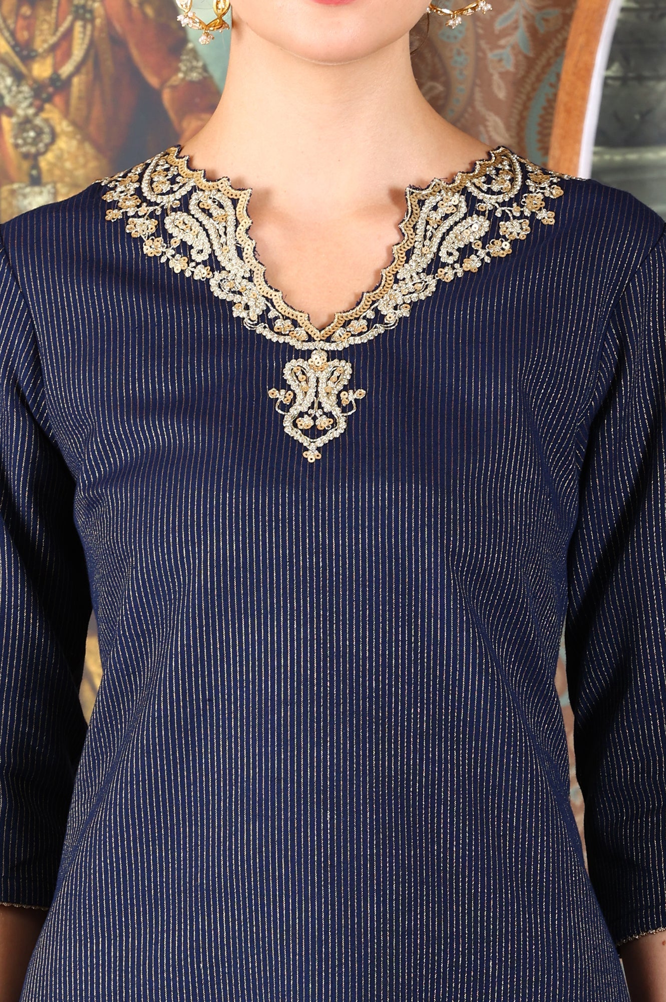 Blue Striped Yarn-Dyed Embroidered Straight Cotton Kurta