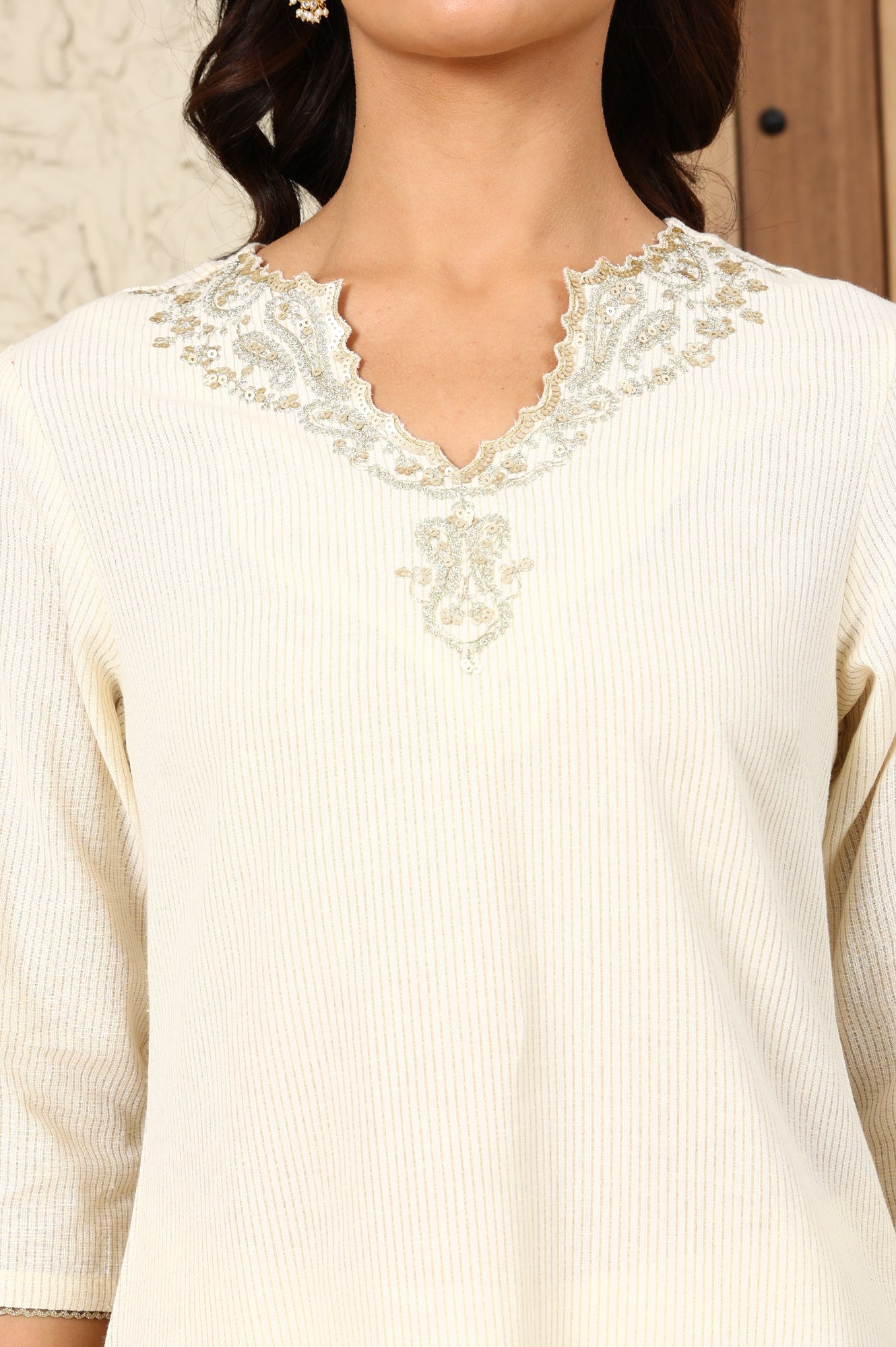 White Yarn-Dyed Embroidered Cotton Flax Straight Kurta With Lurex Stripes