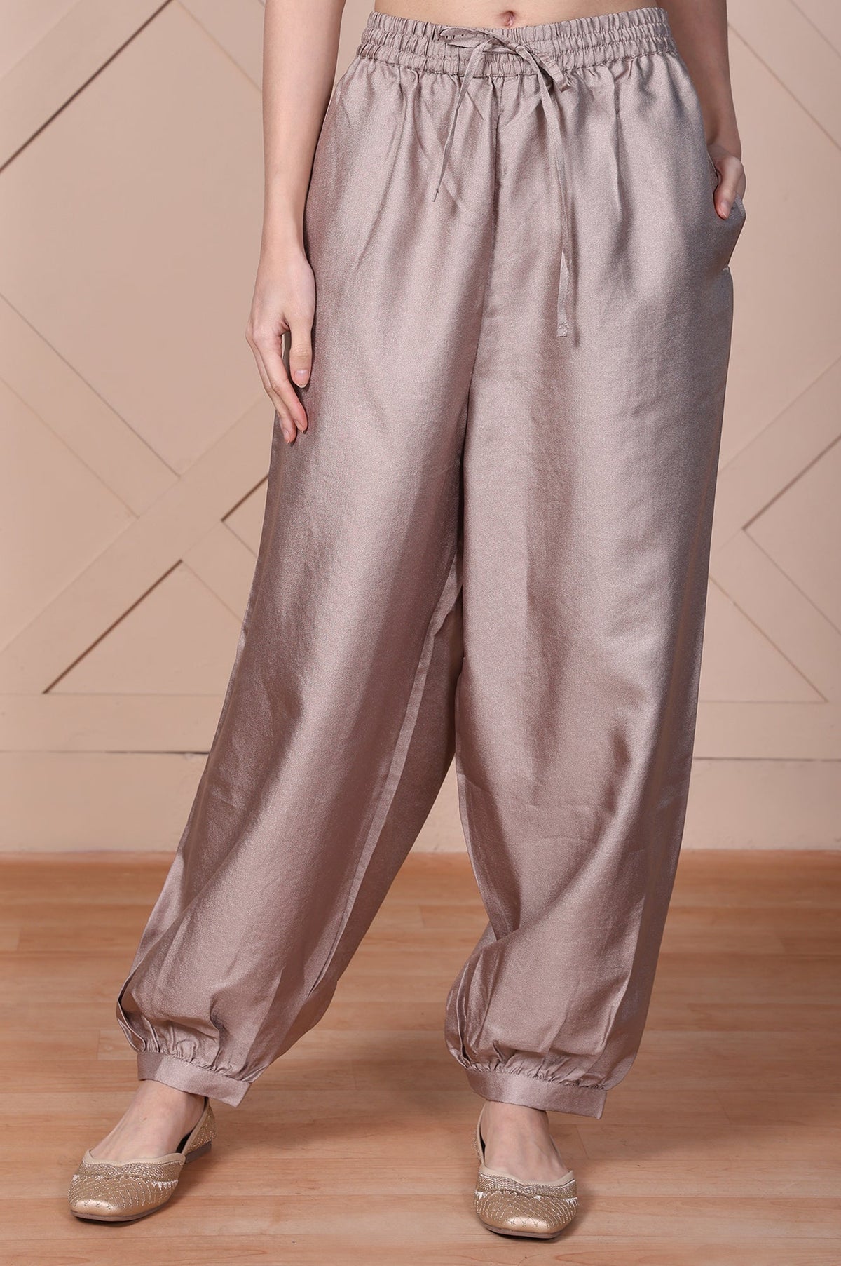 Elleven Women's Beige Solid Lustrous Harem Pant