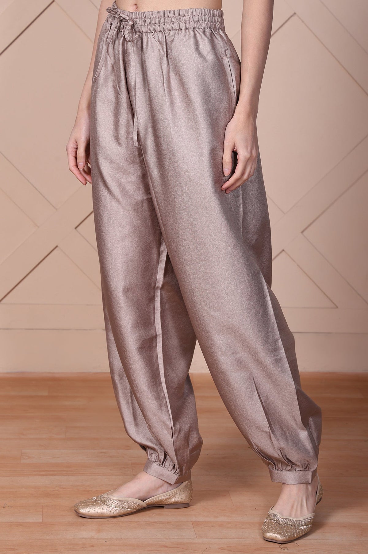 Elleven Women's Beige Solid Lustrous Harem Pant