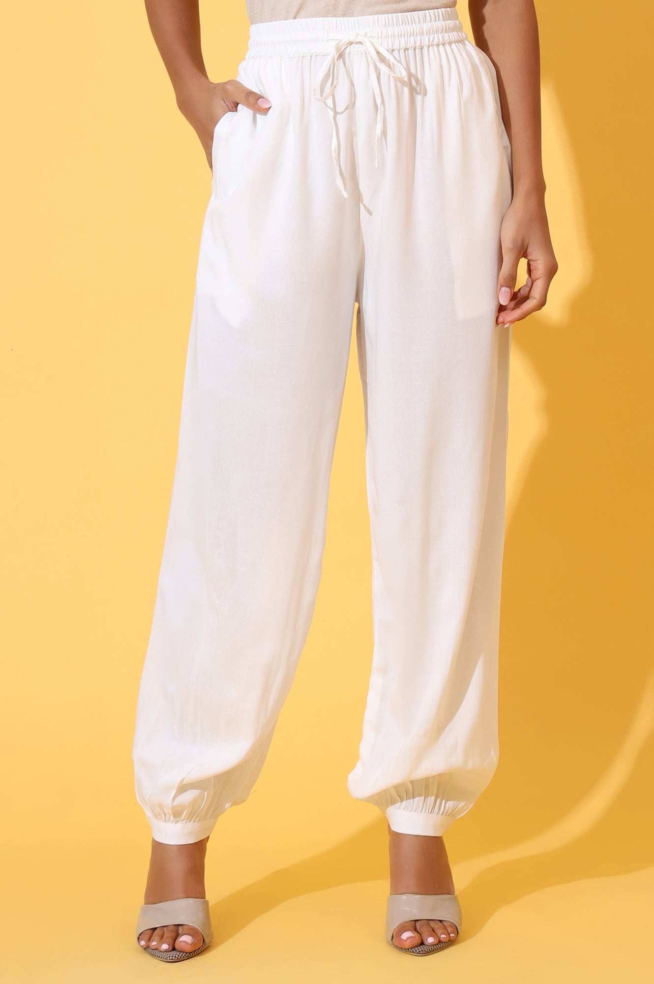 Elleven Women's White Solid Ankle Length Rayon Harem Pants