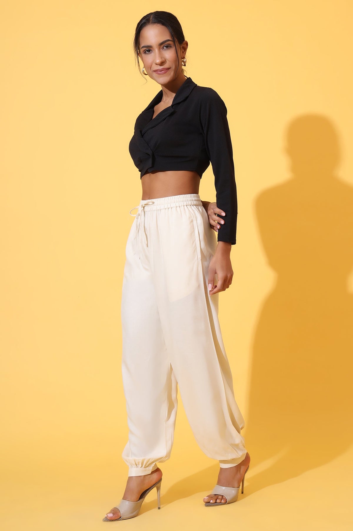 Elleven Women's Beige Solid Ankle Length Rayon Harem Pants