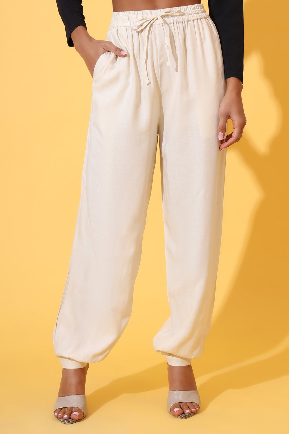Elleven Women's Beige Solid Ankle Length Rayon Harem Pants