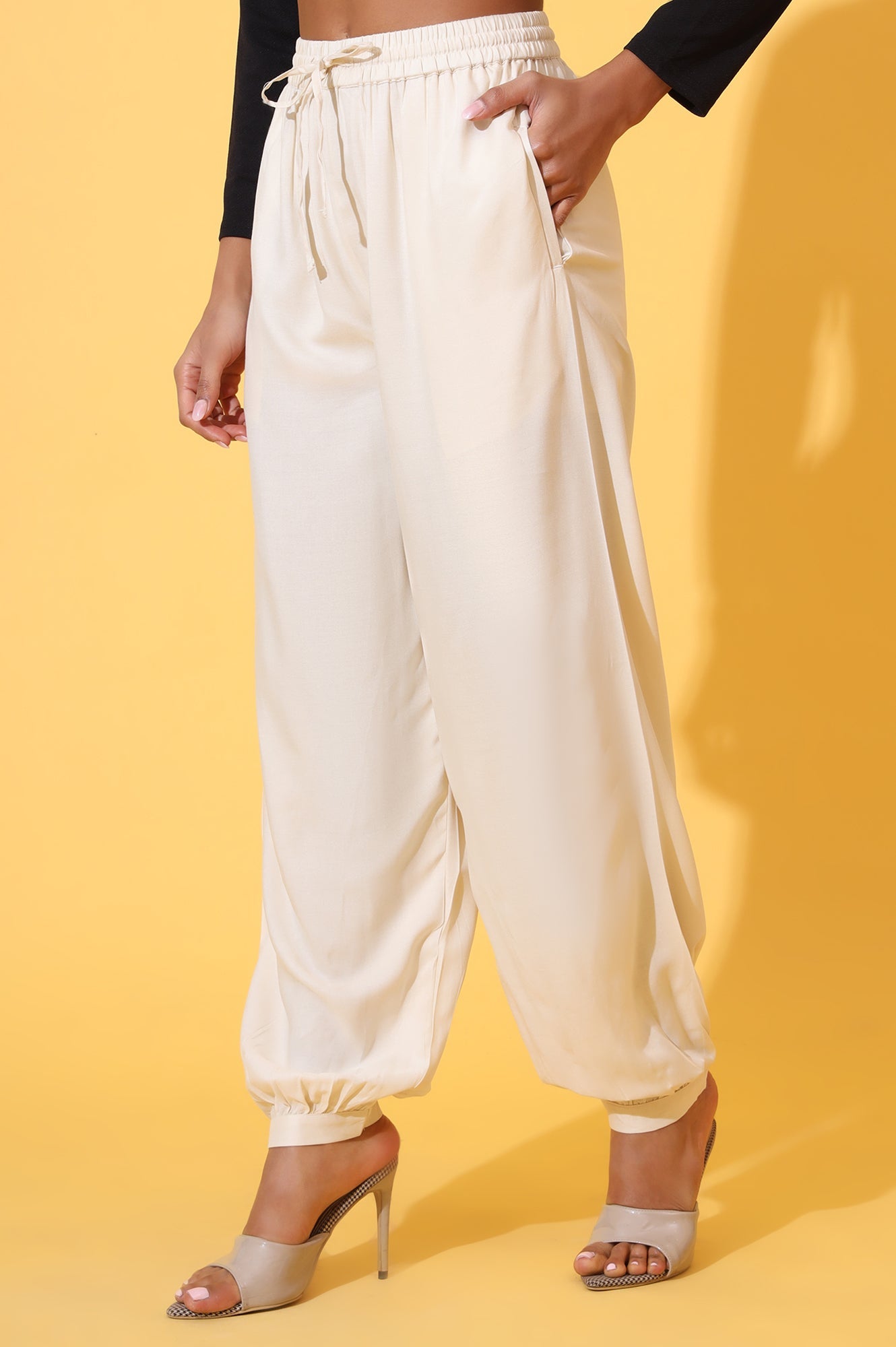 Elleven Women's Beige Solid Ankle Length Rayon Harem Pants