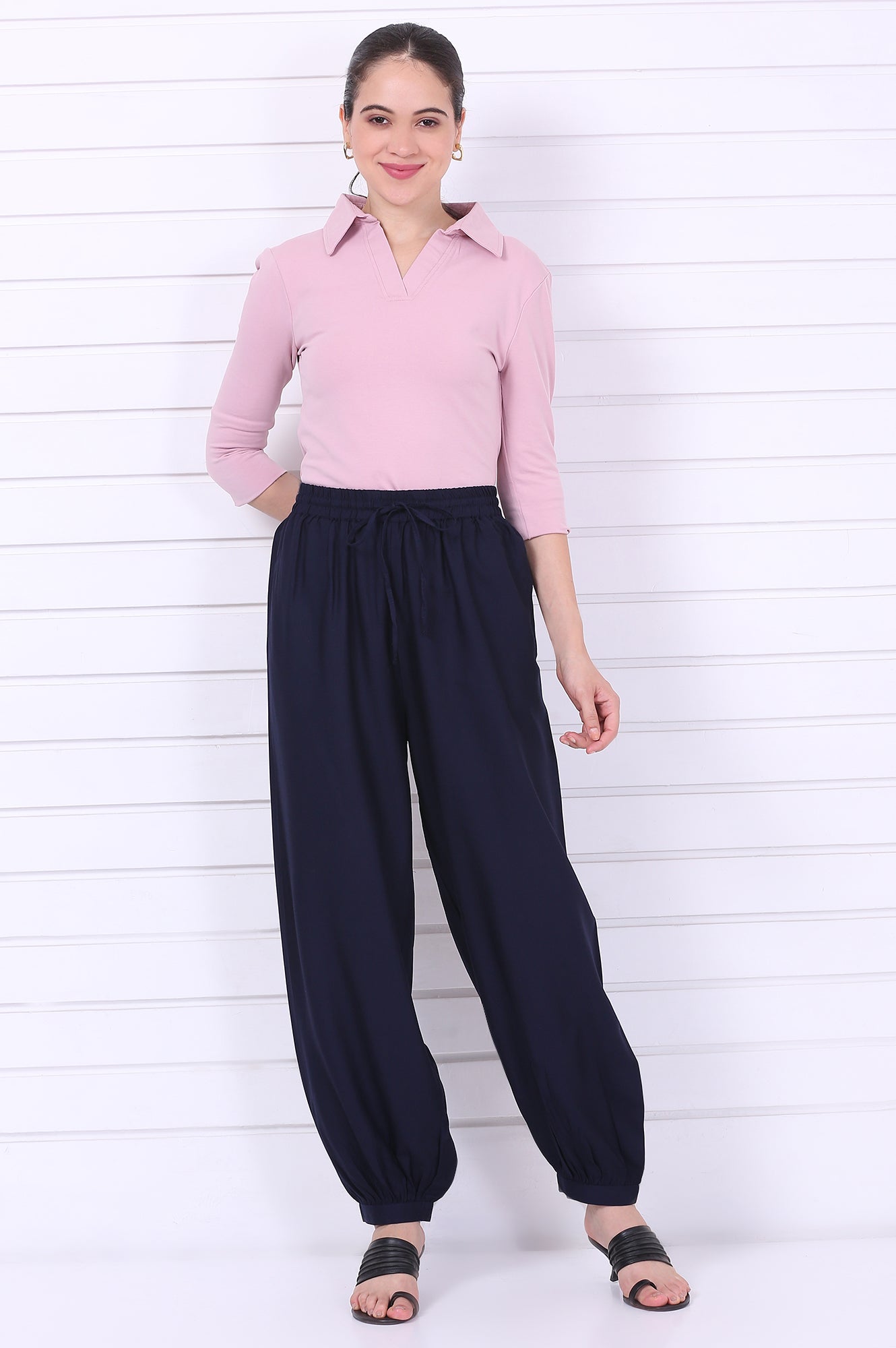 Elleven Women's Navy Blue Solid Loose Fit Cropped Dhoti Pants