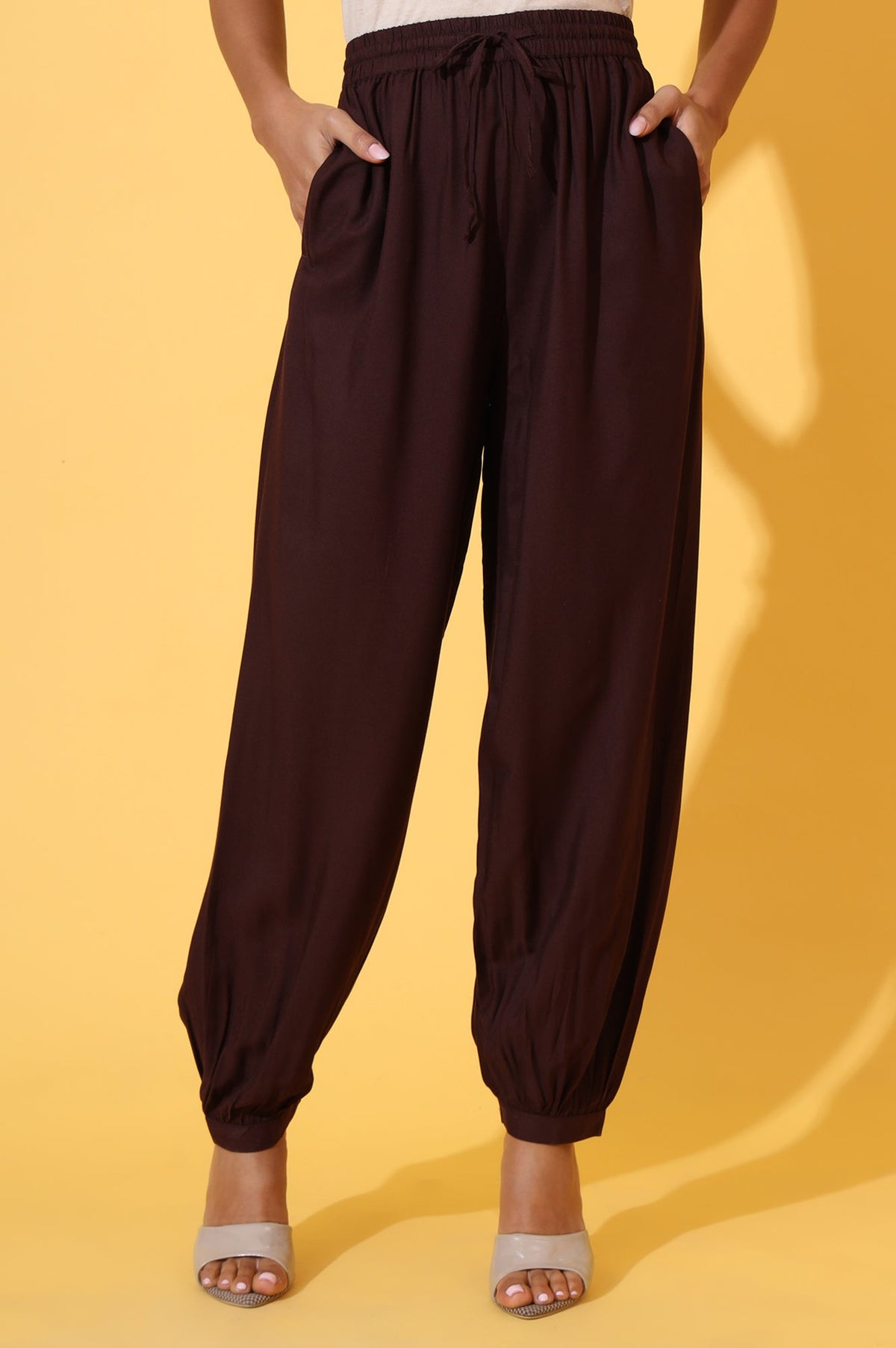 Elleven Women's Brown Solid Ankle Length Rayon Harem Pants