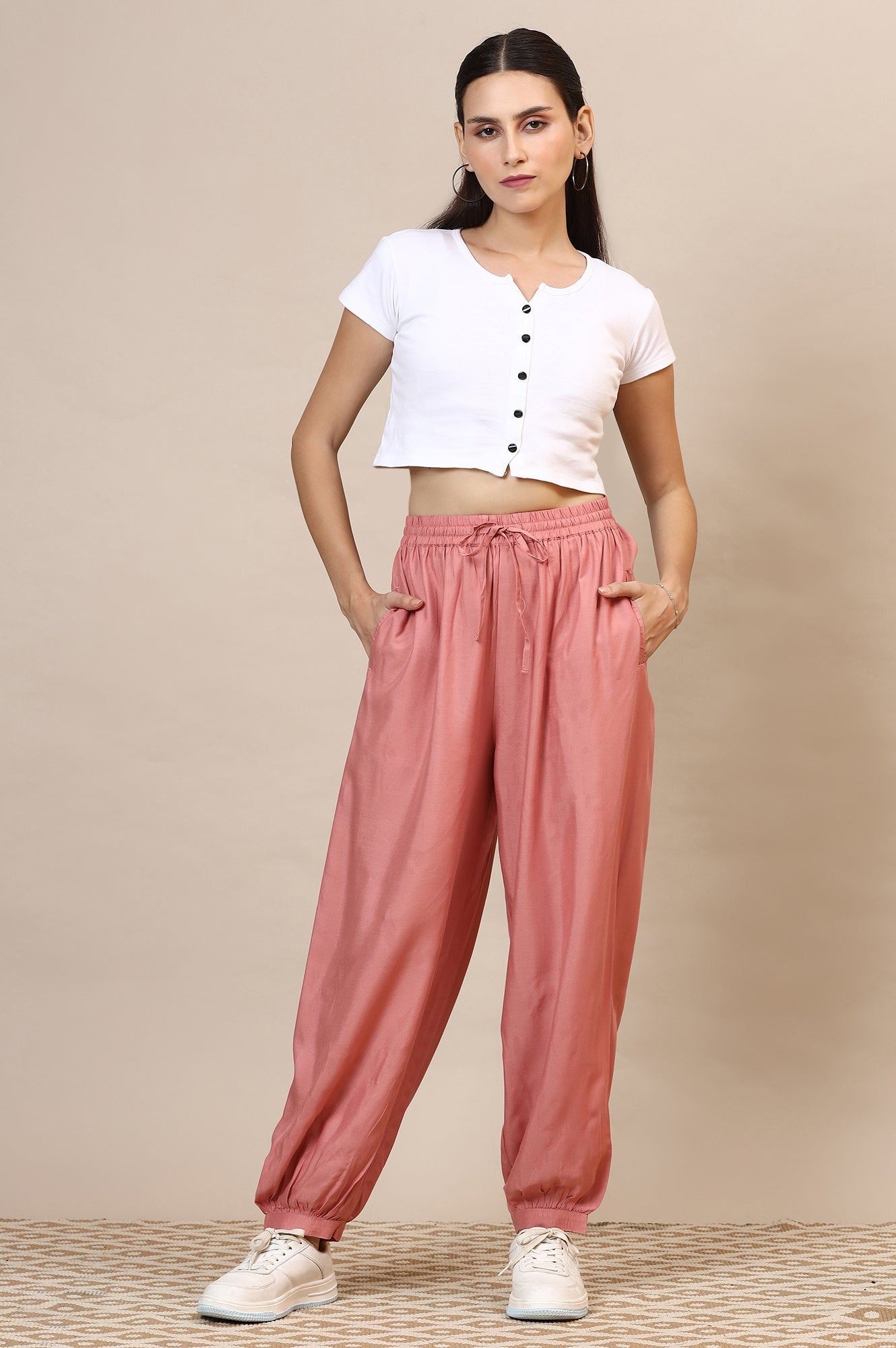 Elleven Women's Pink Solid Loose Fit Rayon Dhoti Pants With Drawstring