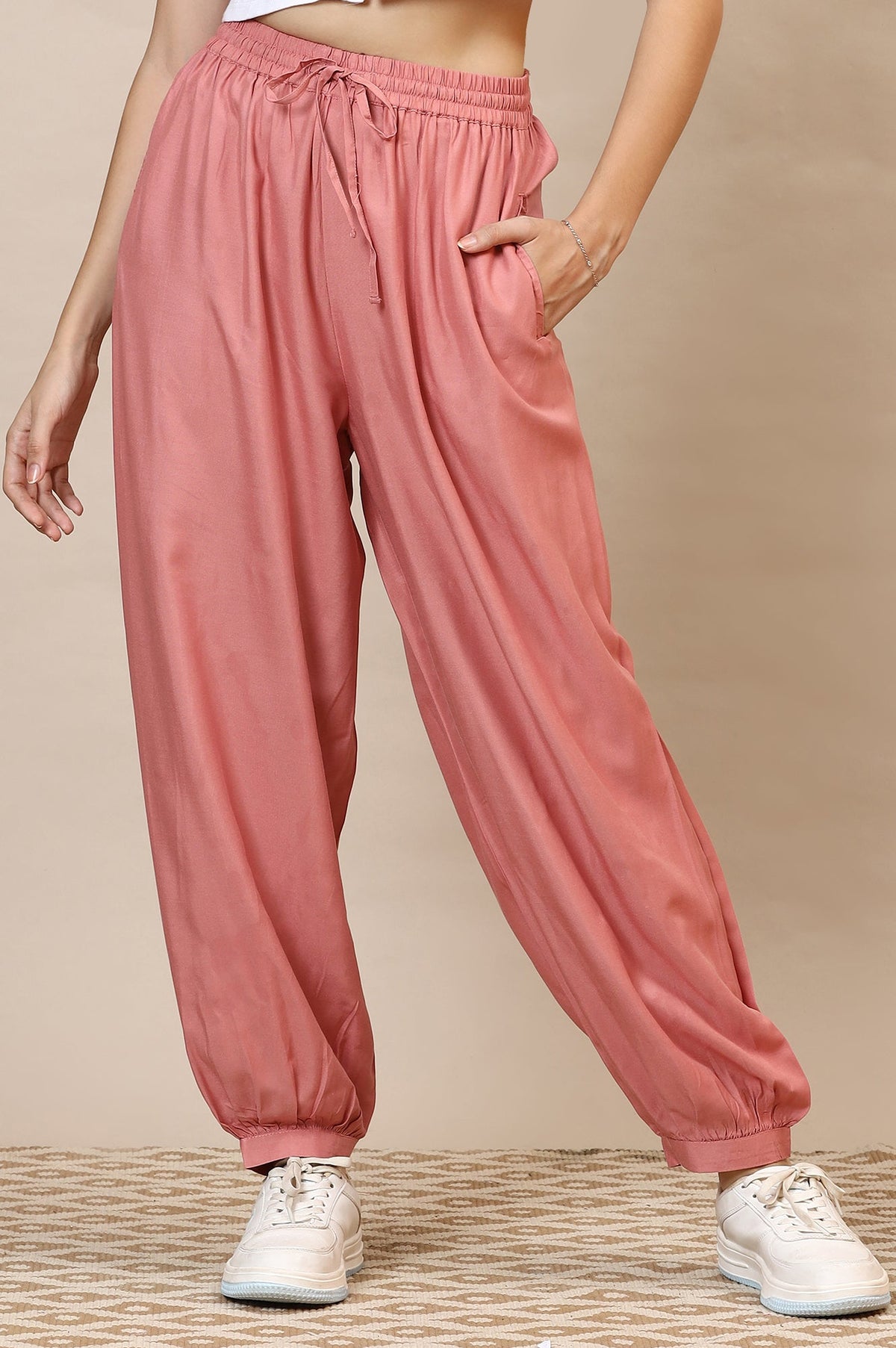 Elleven Women's Pink Solid Loose Fit Rayon Dhoti Pants With Drawstring