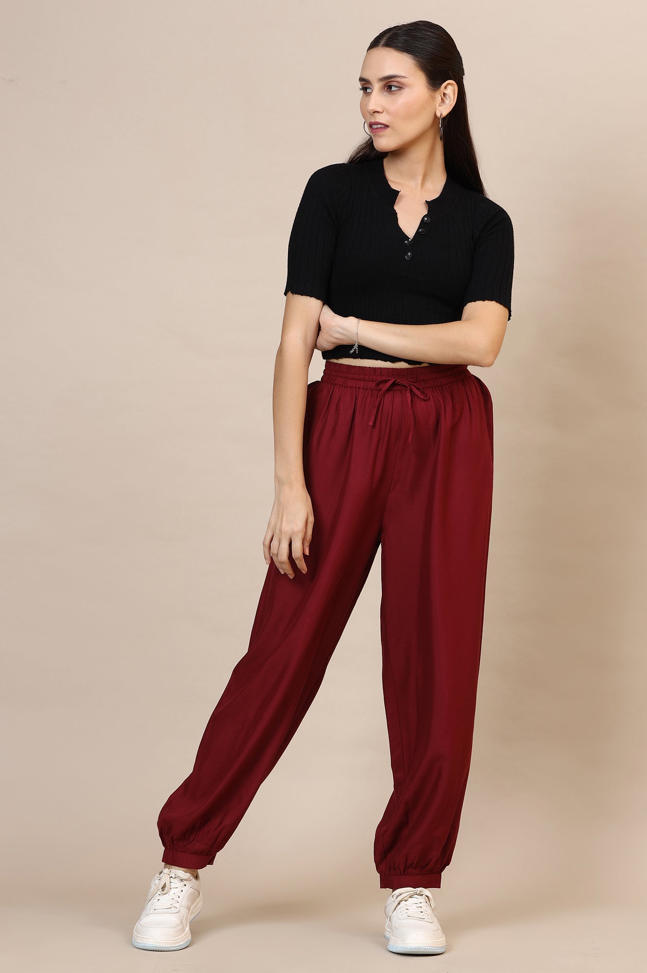 Elleven Women's Red Solid Loose Fit Rayon Dhoti Pants With Drawstring