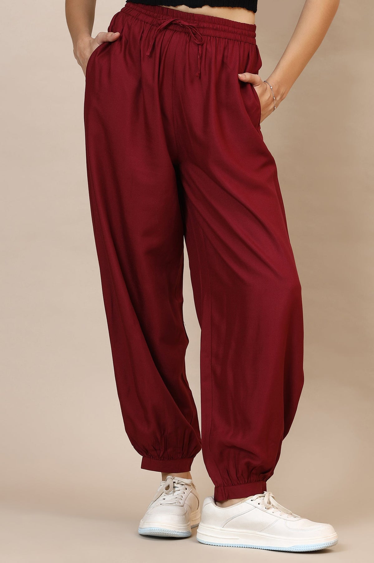 Elleven Women's Red Solid Loose Fit Rayon Dhoti Pants With Drawstring