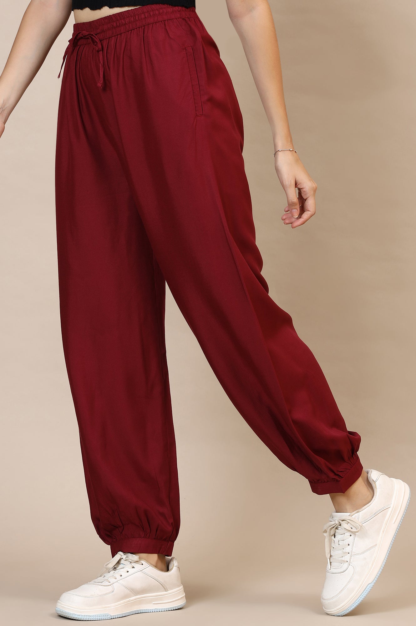 Elleven Women's Red Solid Loose Fit Rayon Dhoti Pants With Drawstring