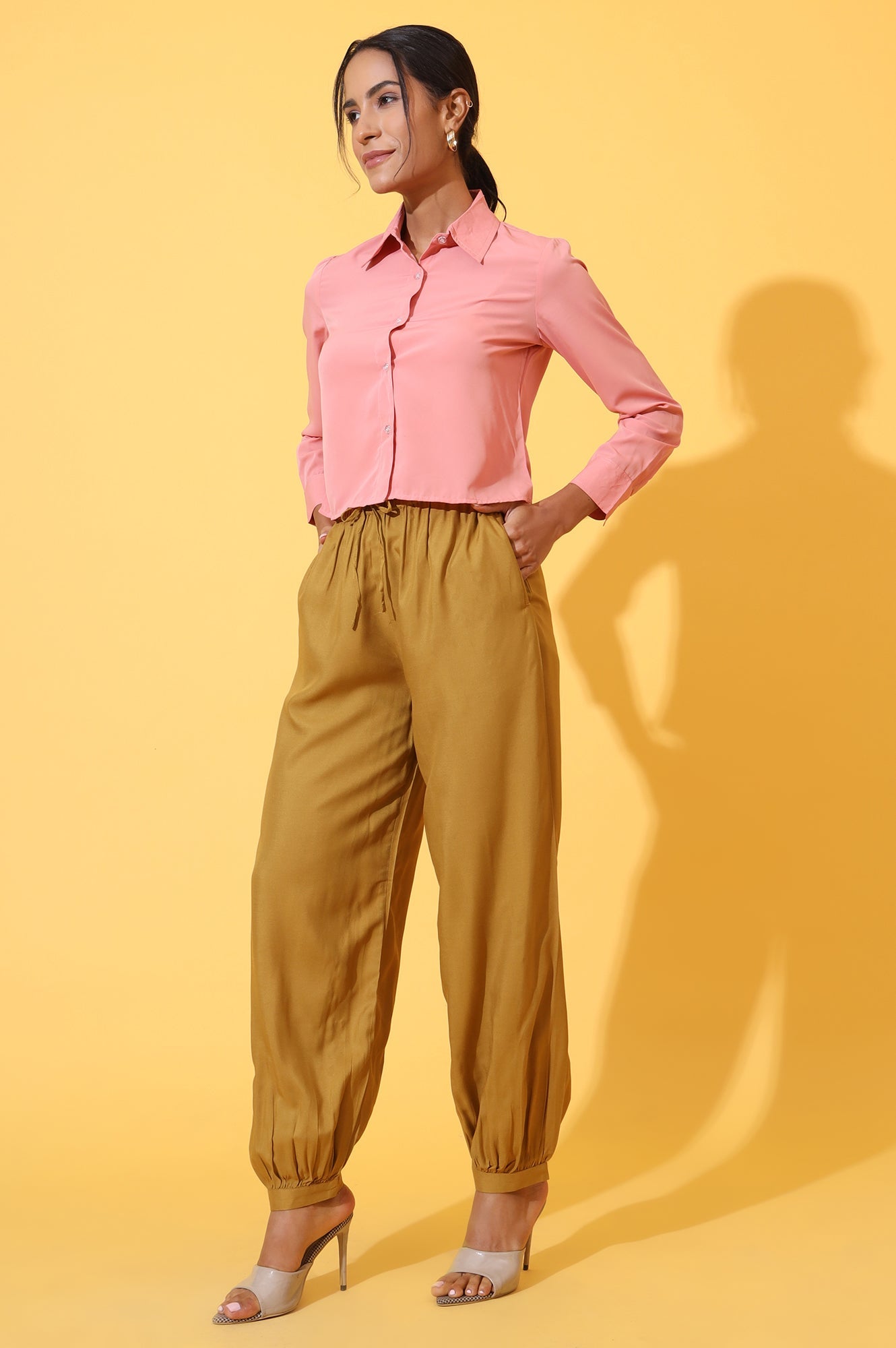 Elleven Women's Mustard Solid Ankle Length Rayon Harem Pants