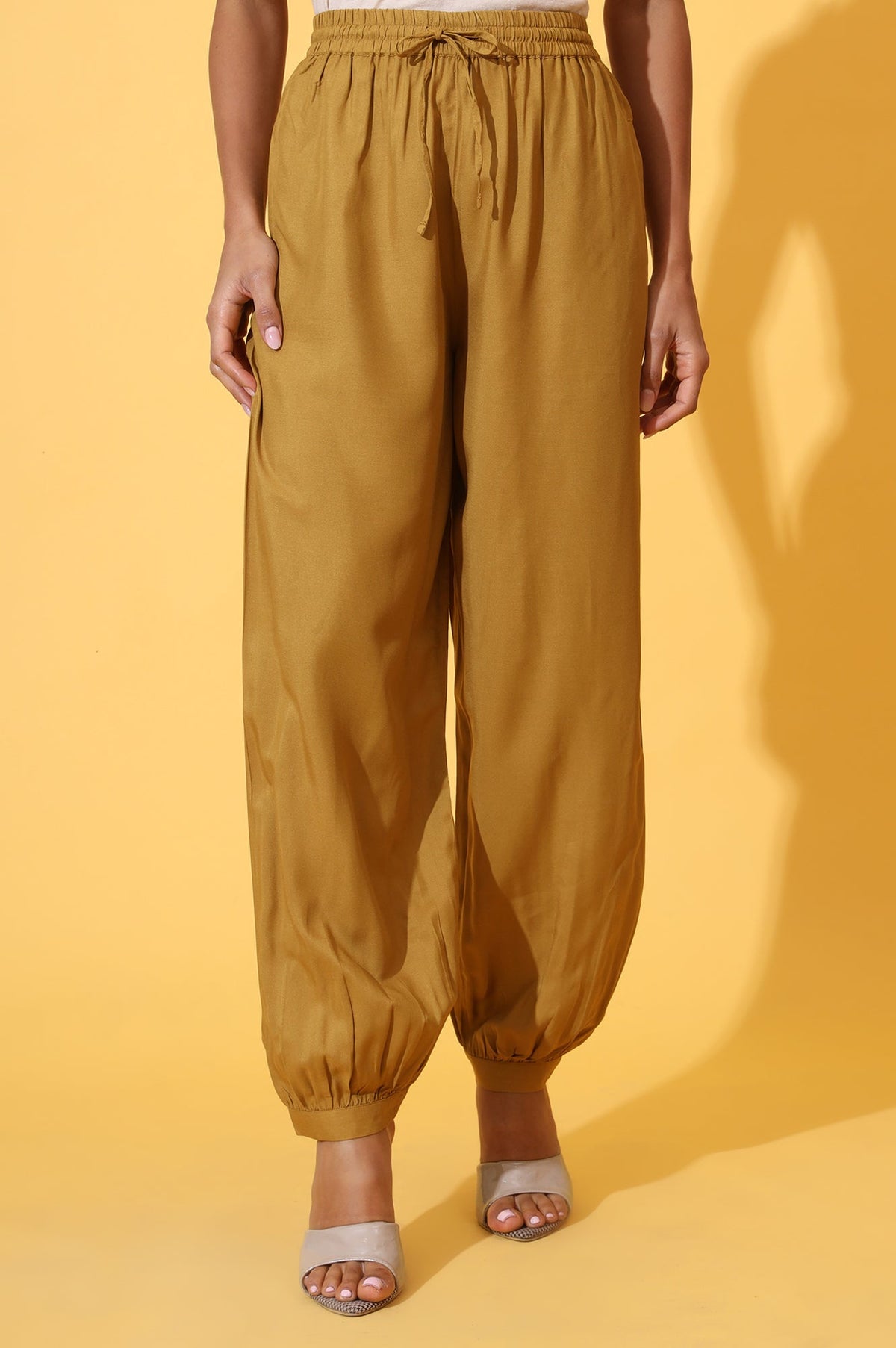 Elleven Women's Mustard Solid Ankle Length Rayon Harem Pants