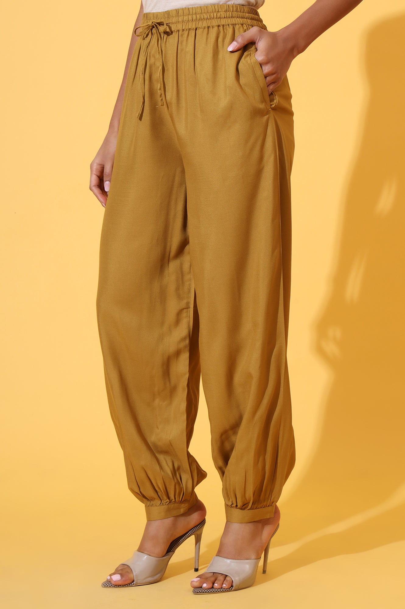 Elleven Women's Mustard Solid Ankle Length Rayon Harem Pants
