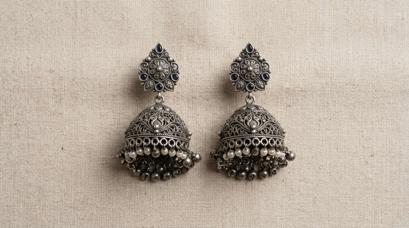 Oxidized Silver Jhumka Earrings