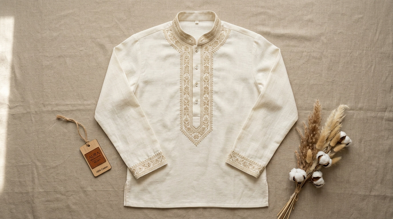 Cream Embroidered Short Kurta