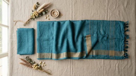 Teal Linen Saree