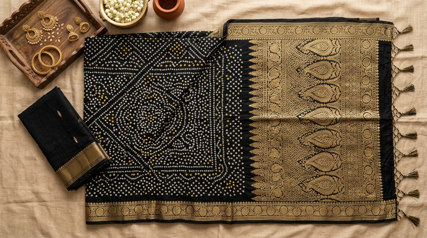 Black Gold Bandhani Saree