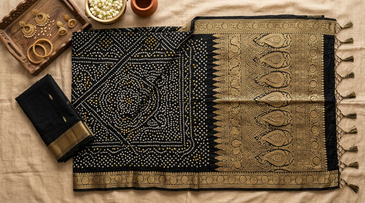 Black Gold Bandhani Saree