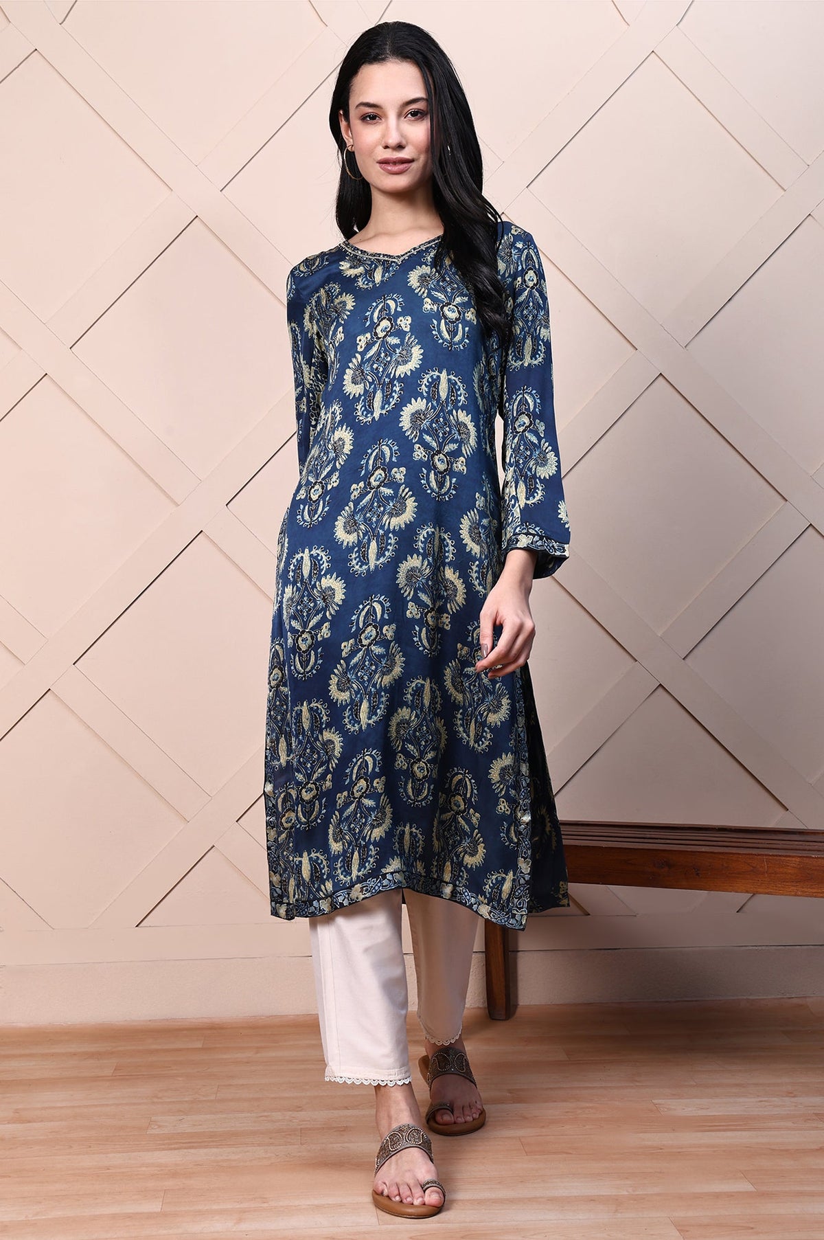 Blue Ajrak Printed Satin Straight Kurta with Sequin Work