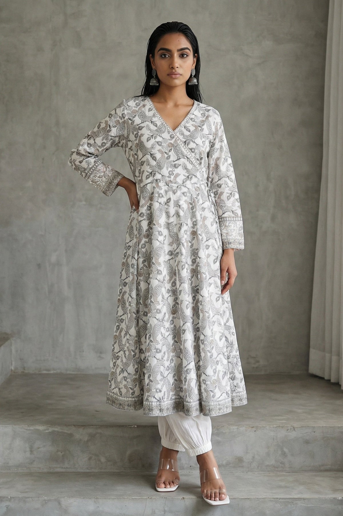 Off White Block Printed Pure Cotton Angrakha Kurta