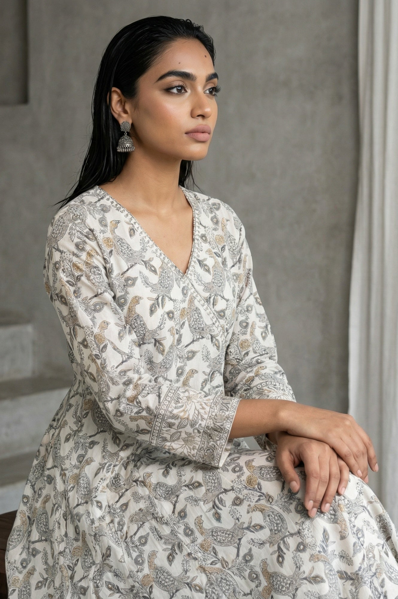 Off White Block Printed Pure Cotton Angrakha Kurta