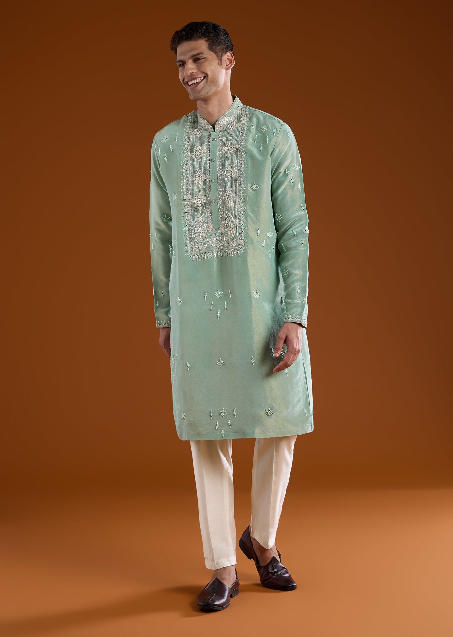 Green Tissue Kurta Set With Cutdana Yoke
