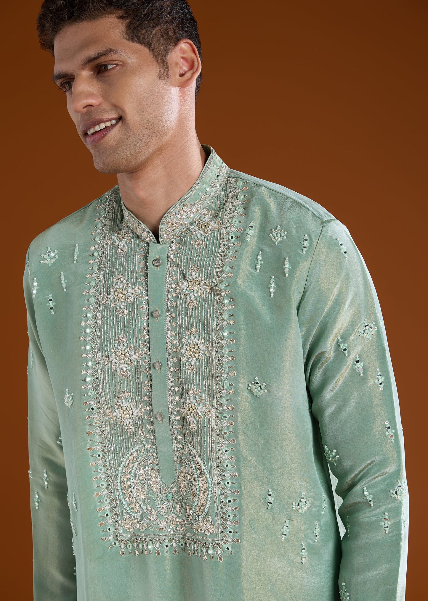 Green Tissue Kurta Set With Cutdana Yoke