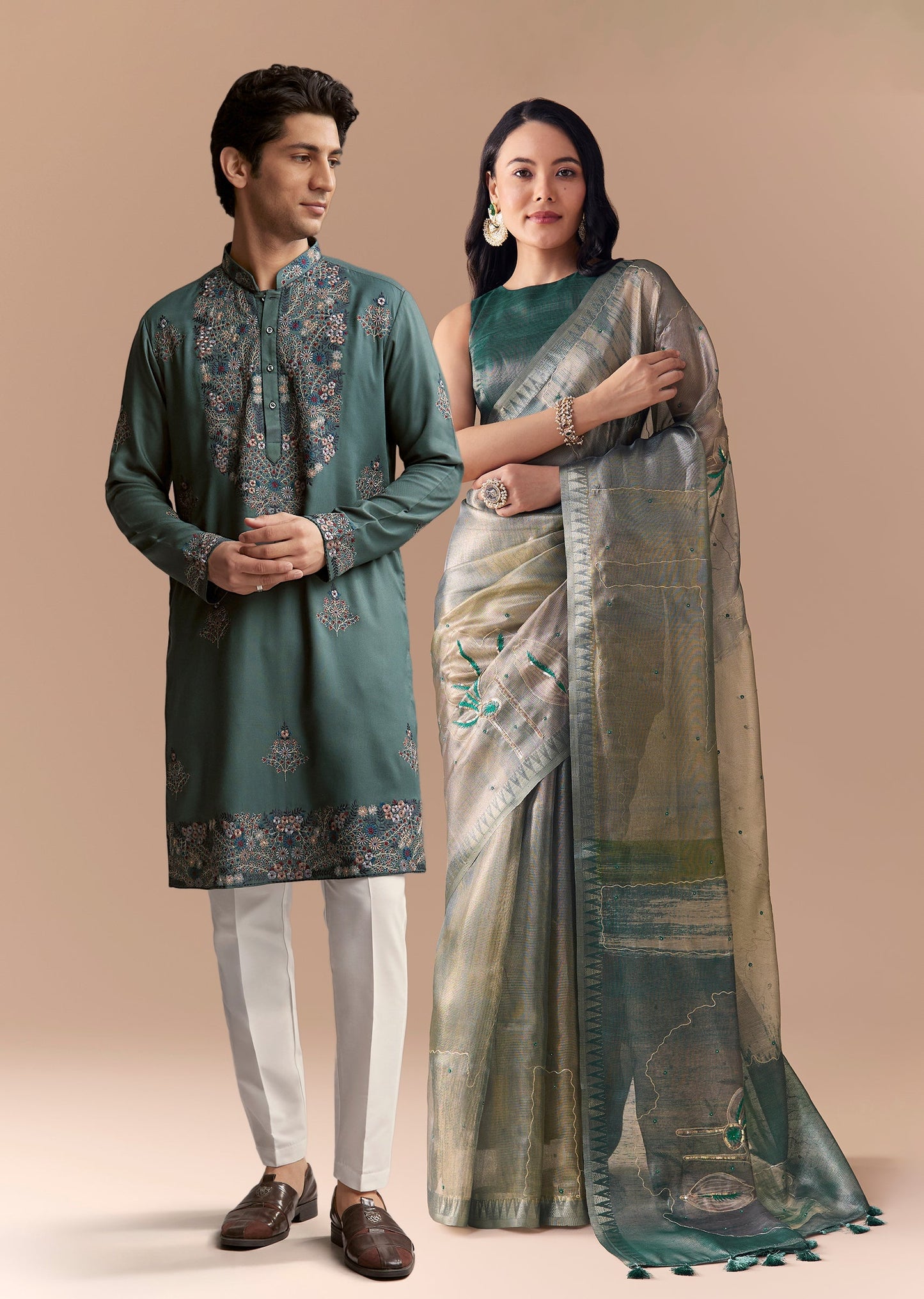Graceful Couple Set – Teal Green Organza Silk Saree For Her And Green Modal Kurta Set With Hand Embroidery For Him