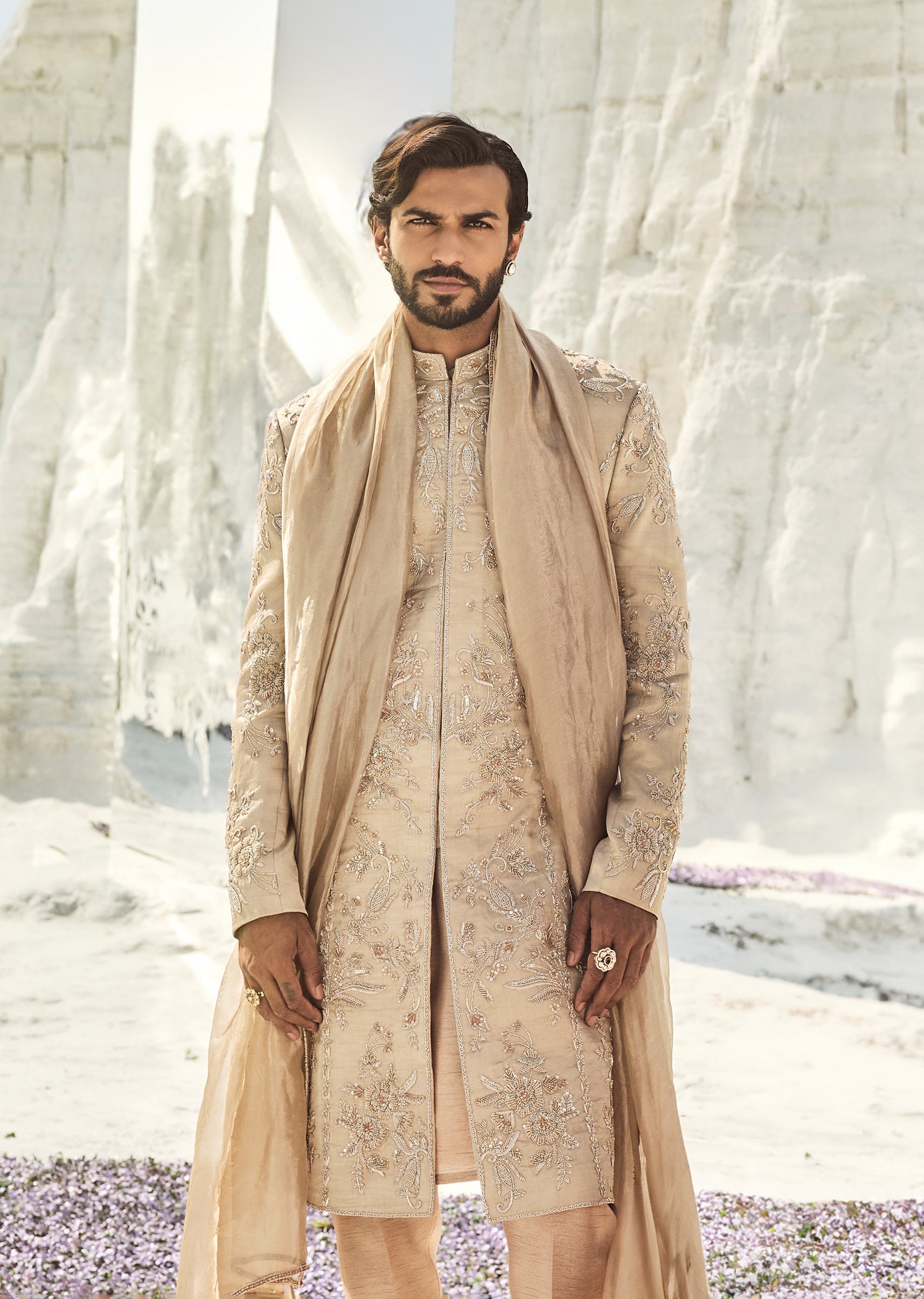 Beige Tussar Intricately Embroidered Sherwani