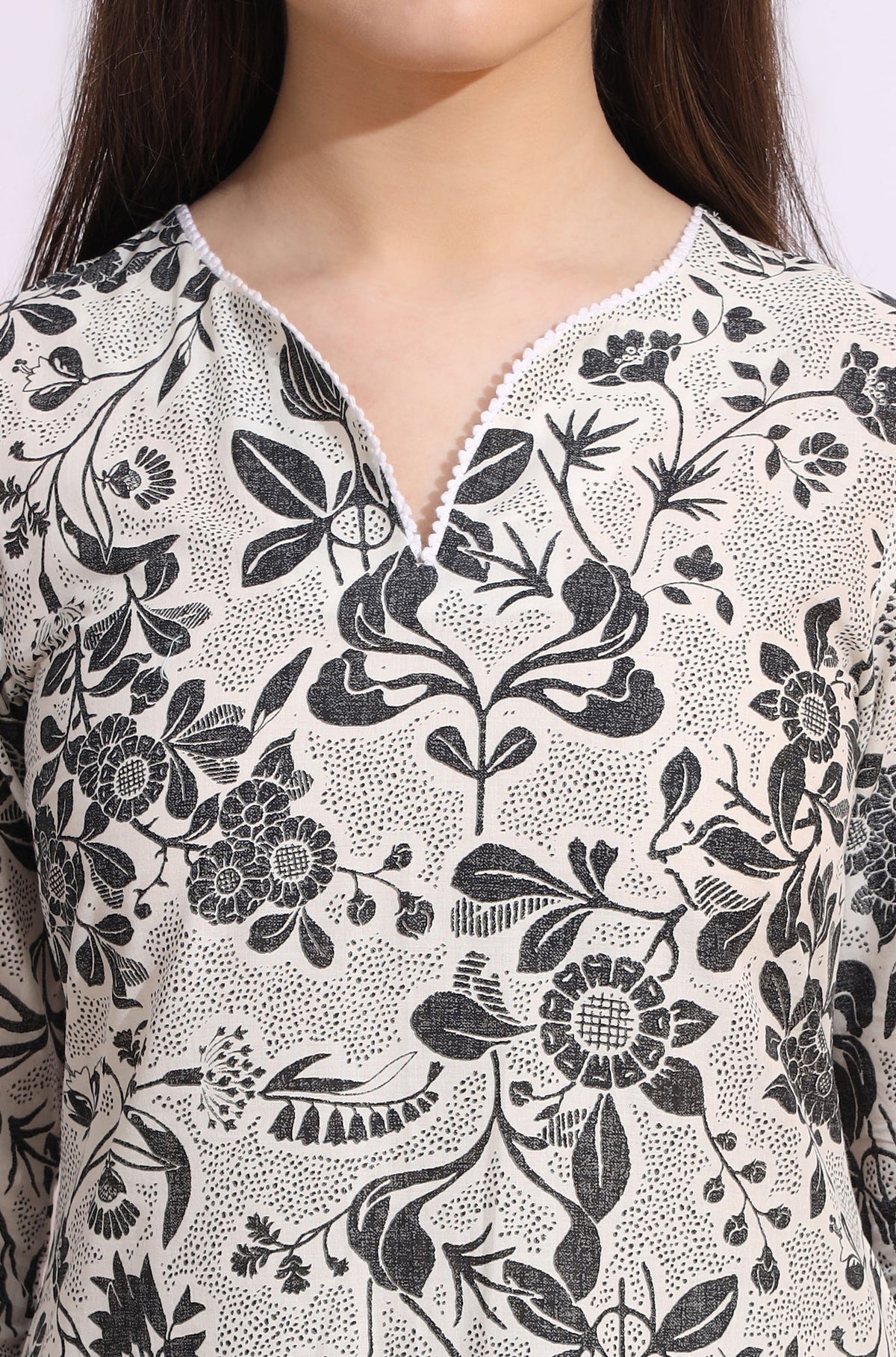 Off-White Bold Floral Printed Cotton Cambric Straight Kurta