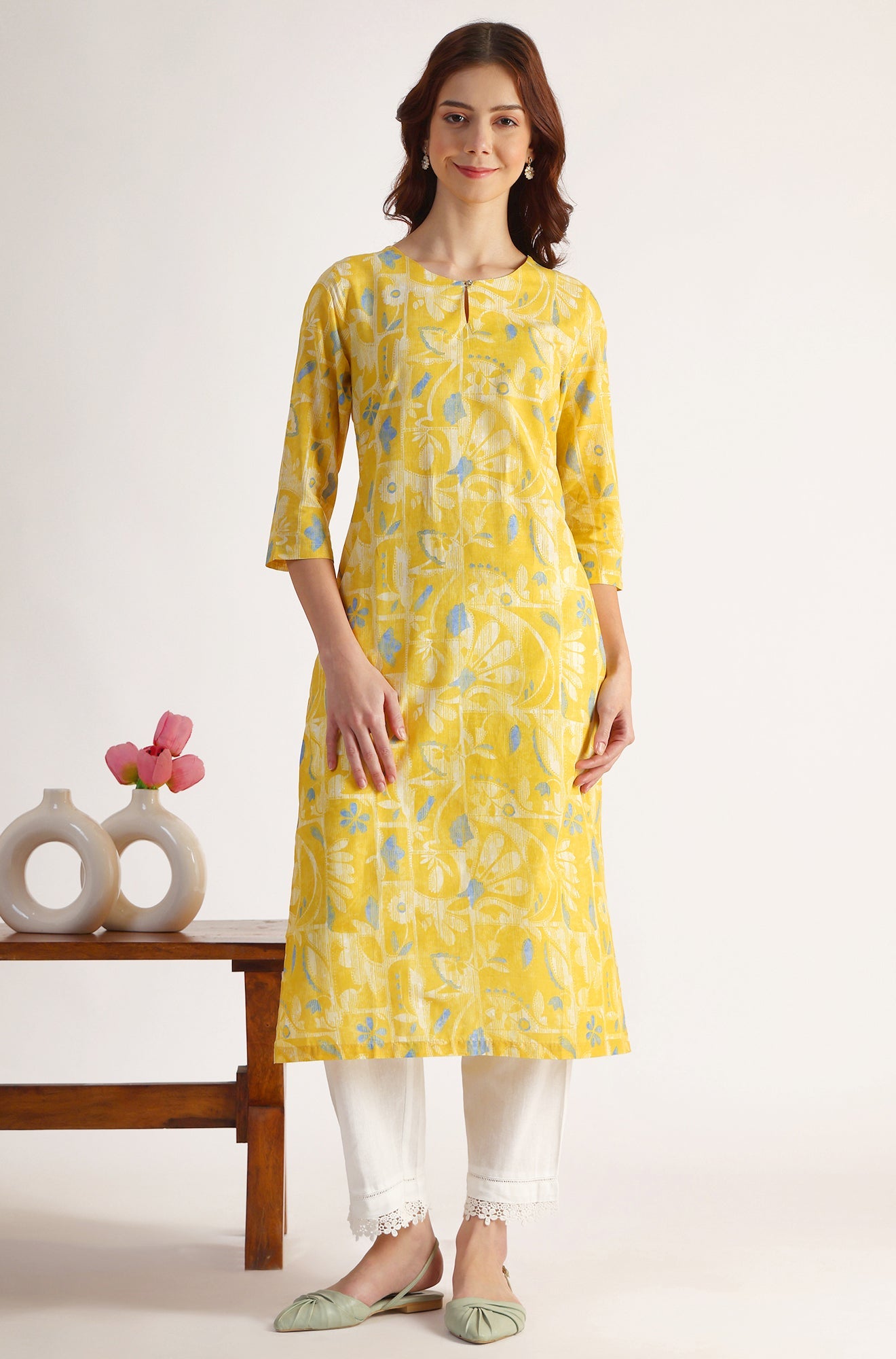 Yellow Floral Printed Straight Pure Cotton Kurta