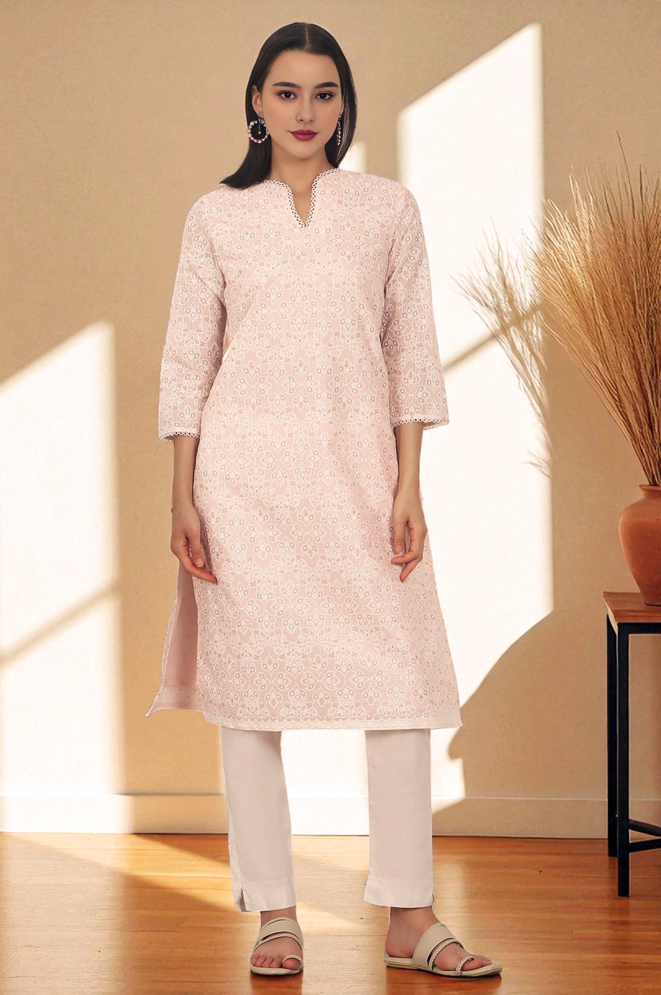 Pastel Pink Khadi Printed Kota Straight Kurta